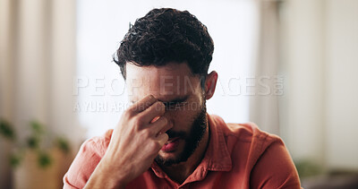 Buy stock photo Man, frustrated and headache with stress, anxiety or depression in debt, brain fog or regret mistake in home. Tired, male person and pain with migraine, pressure or strain in bankruptcy at house