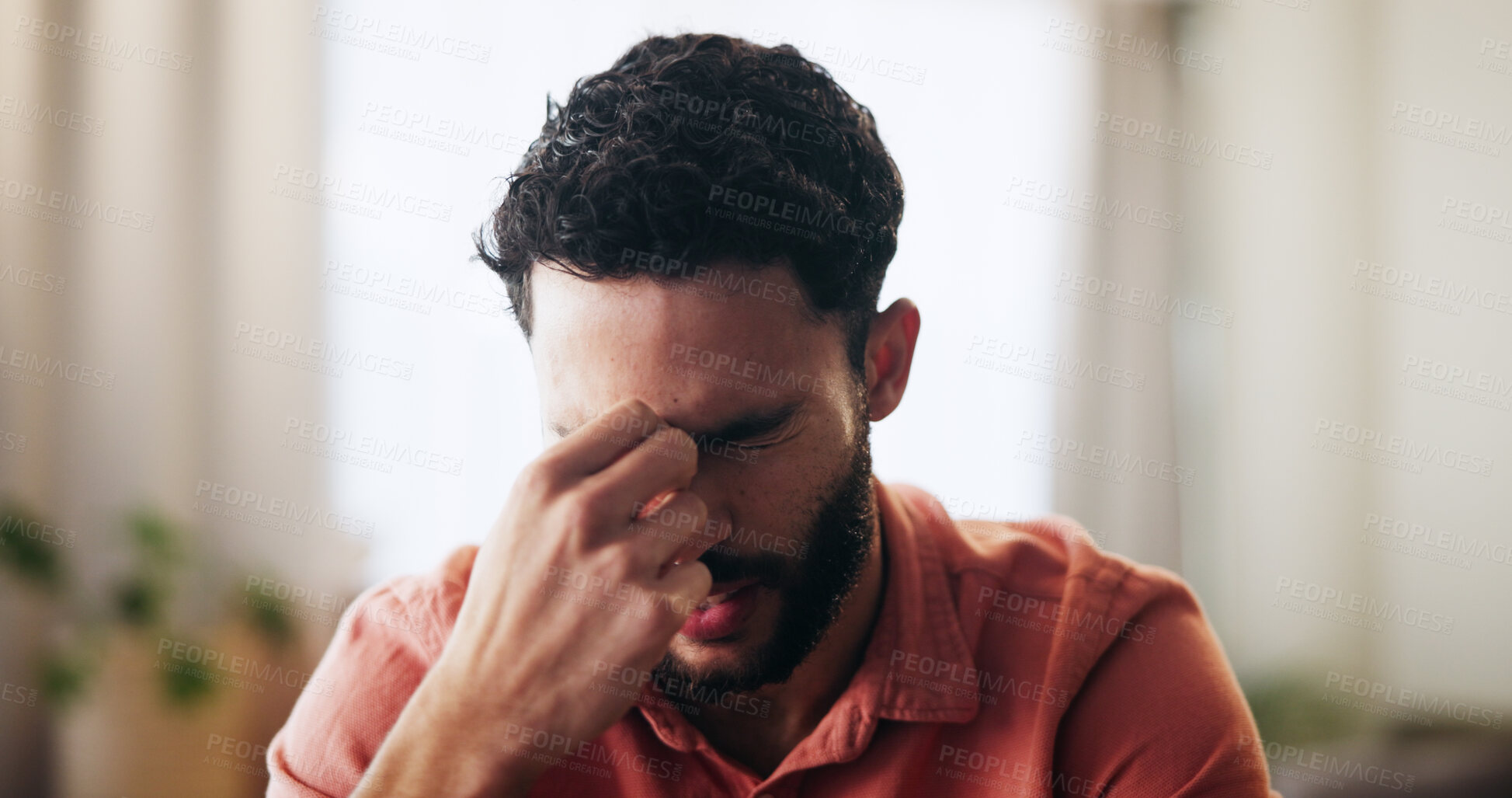 Buy stock photo Man, frustrated and headache with stress, anxiety or depression in debt, brain fog or regret mistake in home. Tired, male person and pain with migraine, pressure or strain in bankruptcy at house
