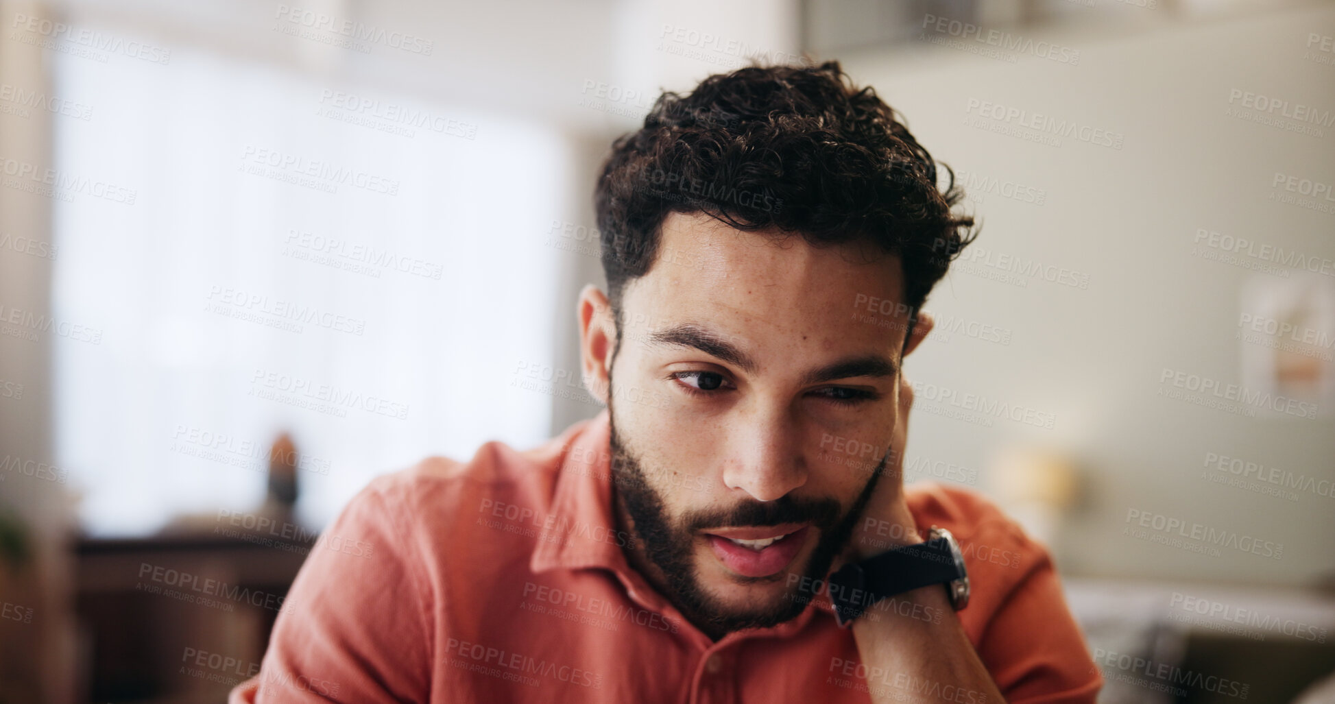 Buy stock photo Man, neck pain and stress in home with injury, fatigue and thinking with burnout for muscle strain. Person, sore joint and spine with inflammation, frustrated and exhausted with bad posture at house