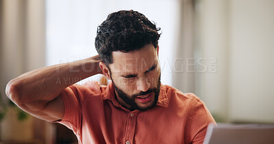 Buy stock photo Man, neck pain and laptop with remote work from home, fatigue and stress with muscle strain. Person, computer and burnout with inflammation, frustrated and exhausted with bad posture at apartment