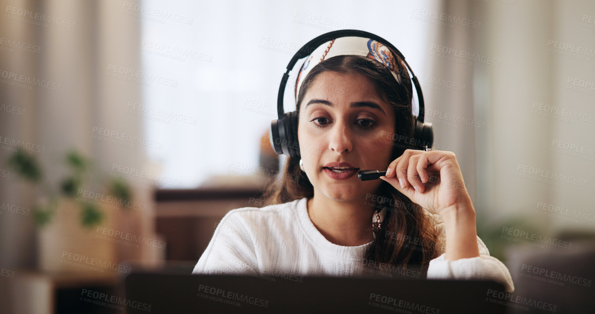 Buy stock photo Headset, woman and secretary in home with remote work for contact us, CRM or customer service. Mic, computer and female virtual assistant on call for online appointment schedule in apartment.