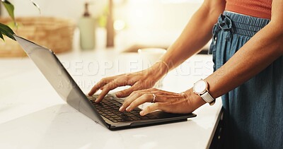 Buy stock photo Home, typing and hands with laptop, kitchen and planning for blog on social media, app and creative. Apartment, writer and person with tech for post on website, blogger and remote work in house