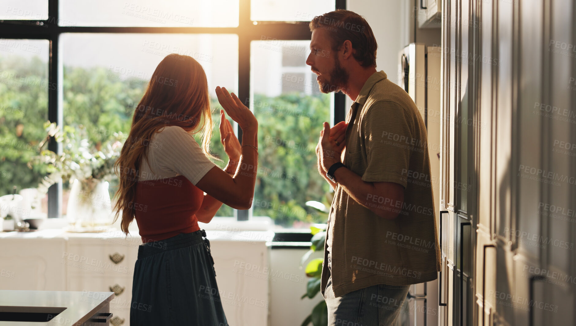 Buy stock photo Home, fight and couple with divorce, angry and communication with argument. Apartment, man and woman with toxic relationship, disagreement and frustrated with conflict, shouting and marriage fail
