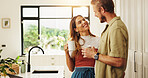 Coffee, smile and love with couple in kitchen for morning, bonding and support together. Happiness, caffeine beverage and connection with man and woman drinking in home for tea, relax or relationship