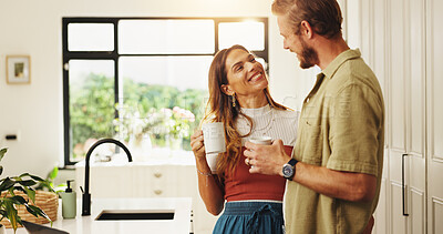 Buy stock photo Coffee, smile and love with couple in kitchen for morning, bonding and support together. Happiness, caffeine beverage and connection with man and woman drinking in home for tea, relax or relationship