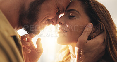 Buy stock photo Flare, forehead touch and couple in home for love, bonding and relationship in morning. Dating, happy and face of man with woman together for connection, romance and affection for commitment in house