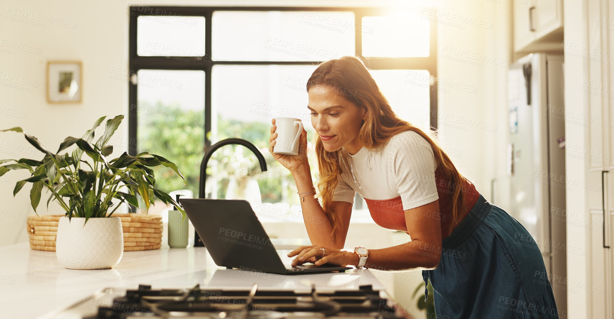 Buy stock photo Online, laptop and woman in kitchen, home and planning for blog on social media, typing or creative. Apartment, writer and person with tech for post on website, blogger and remote work in house