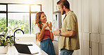 Couple, happy and talk with coffee in kitchen, listening and connection with love at apartment. People, man and woman with discussion, care and bonding with tea, trust and loyalty with smile in home
