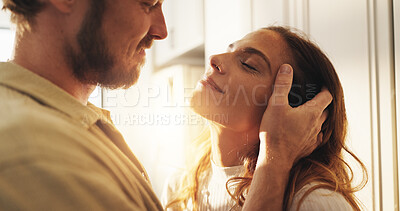 Buy stock photo Couple, smile and hug in home with care, love and bonding by window with connection in morning. Man, woman and happy with touch for trust, loyalty and memory with partnership for romance at apartment