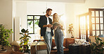Couple, tablet or planning in new home for interior design, DIY research or decor together. Man, woman or moving in with technology, luggage or boxes for renovation, remodel or idea for vamping house