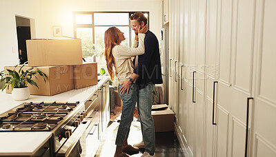 Buy stock photo Smile, couple and love with boxes at new house of relocation, investment and bonding together. People, embrace and affection, moving property and relationship commitment for security of home purchase
