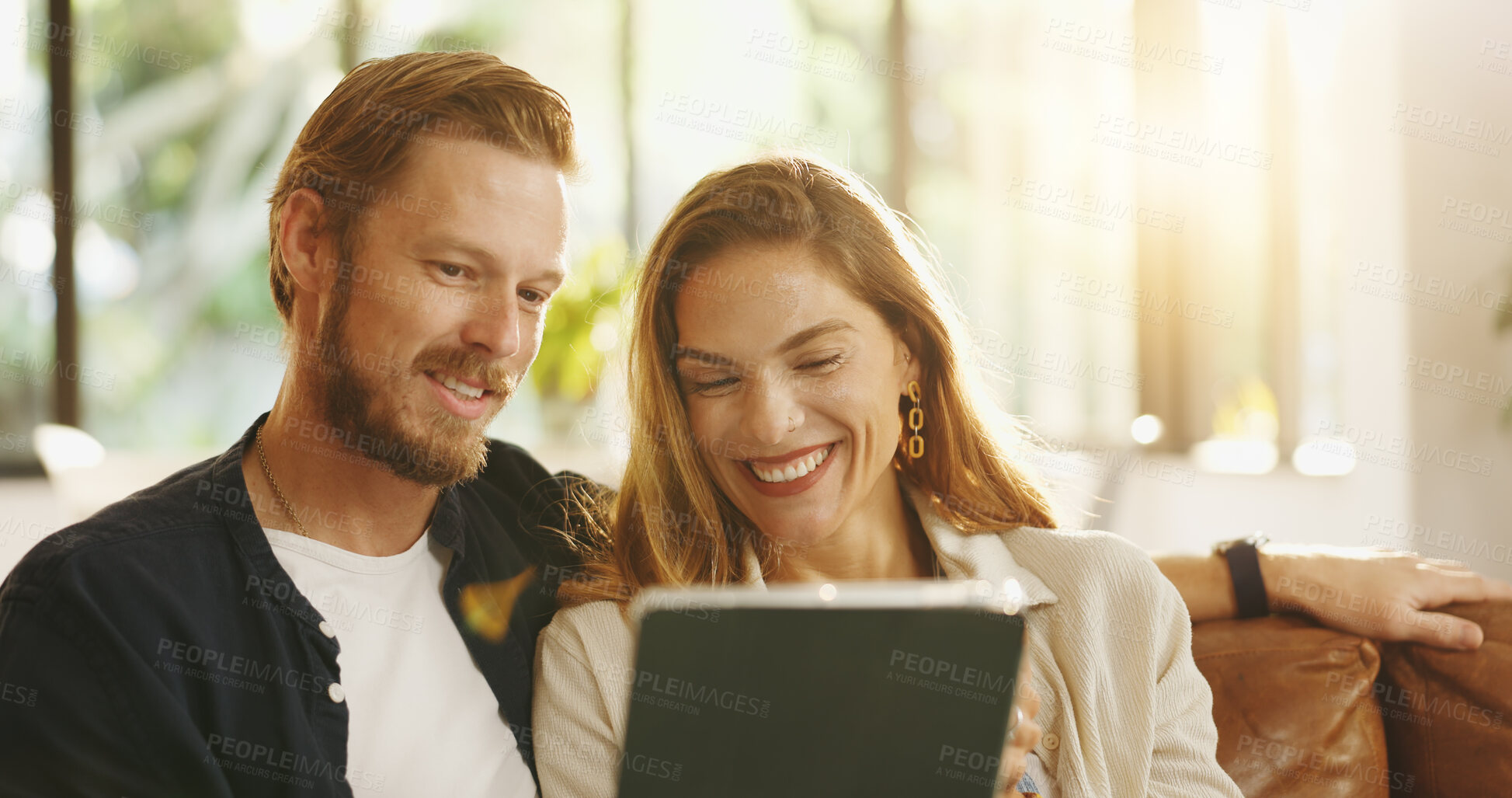 Buy stock photo Movie, smile or couple on tablet in lounge for series choice, online subscription and streaming website. Relax, house or people with technology in relationship on internet for film and multimedia