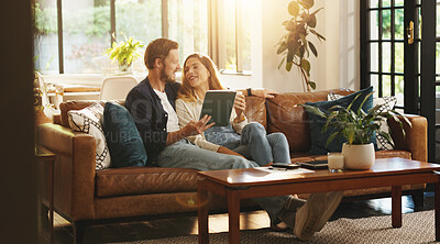 Buy stock photo Happy, relax and couple on tablet on sofa for streaming subscription, movies and online videos. Dating, relationship and man with woman on tech for digital entertainment, website and internet