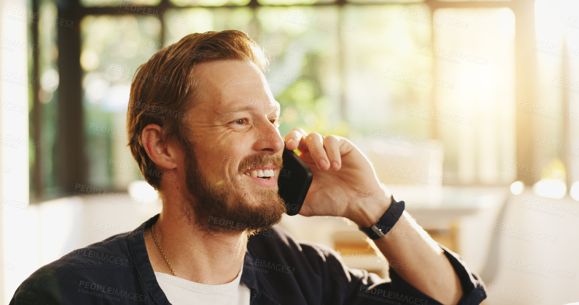 Buy stock photo Phone call, happy and man in home with communication, contact or social networking for chatting. Smile, cellphone and male person on mobile conversation for update , connectivity or news in house.