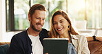 Relax, happy or couple on tablet in lounge for movie choice, online subscription and streaming website. Search, house or people with technology in relationship on internet for film and multimedia