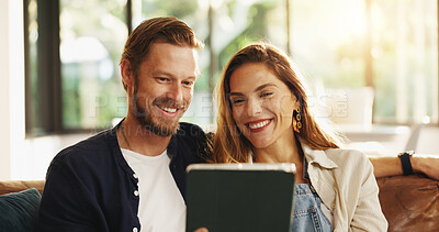 Buy stock photo Relax, happy or couple on tablet in lounge for movie choice, online subscription and streaming website. Search, house or people with technology in relationship on internet for film and multimedia