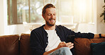 Happy, sofa and man with phone in home for social media, online networking and chat on mobile app. Apartment, relax and person on smartphone for internet, contact and message notification on weekend