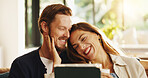Relax, laugh or couple on tablet in lounge for comedy movies, online subscription and streaming. Funny joke, house or people with technology in relationship on internet for film, series or multimedia