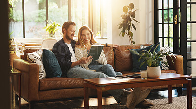 Buy stock photo Relax, smile or couple on tablet in lounge for movie choice, online subscription and streaming website. Search, house or people with technology in relationship on internet for film and multimedia