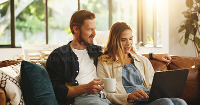 Buy stock photo Relax, coffee or couple on laptop in home for movie choice, online subscription and streaming website. Search, support or people with technology in relationship on internet for film and multimedia