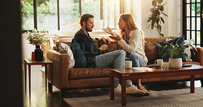 Buy stock photo Angry, argue or couple fight in home with cheating, affair or liar on couch with marriage or fail. Talk, frustrated or upset people on sofa in toxic relationship with divorce risk, stress or mistake