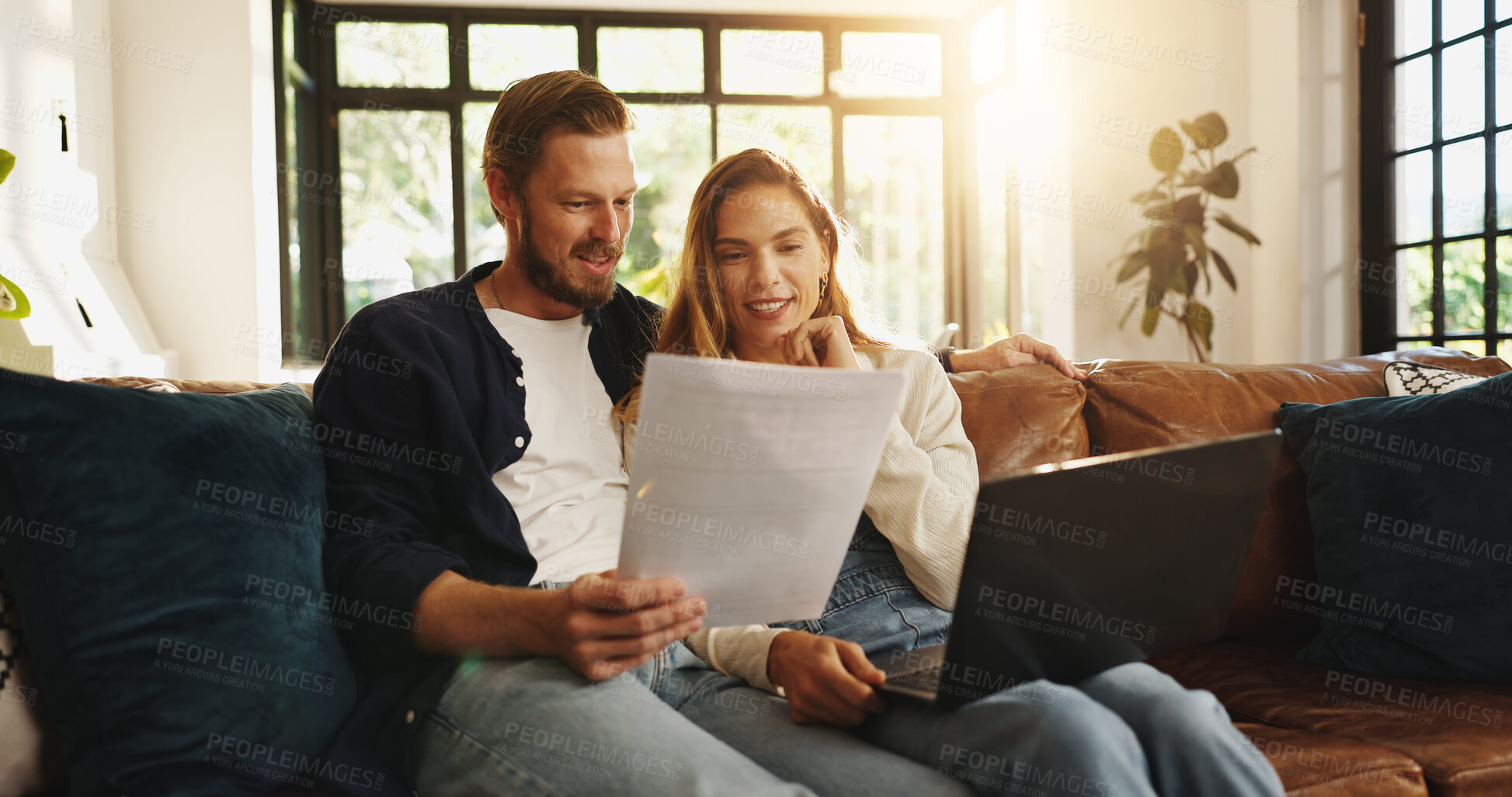 Buy stock photo Documents, finance and laptop with couple on sofa in living room of home for budget or investment. Computer, contract or insurance with man and woman reading paperwork for accounting in apartment