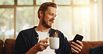 Relax, coffee and man with phone on sofa for social media, online networking and chat on mobile app. Happy, weekend and person with drink on smartphone for internet, contact and message notification
