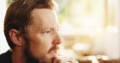 Buy stock photo Face, planning and thinking with confused man in living room of home for problem solving solution. Doubt, ideas and profile of serious person in apartment for brainstorming, contemplation or vision