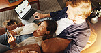 Laptop, phone and above of couple on sofa for relax, chill and browse internet for bonding in home. Dating, relationship and man with woman on tech for social media, website and connection on weekend