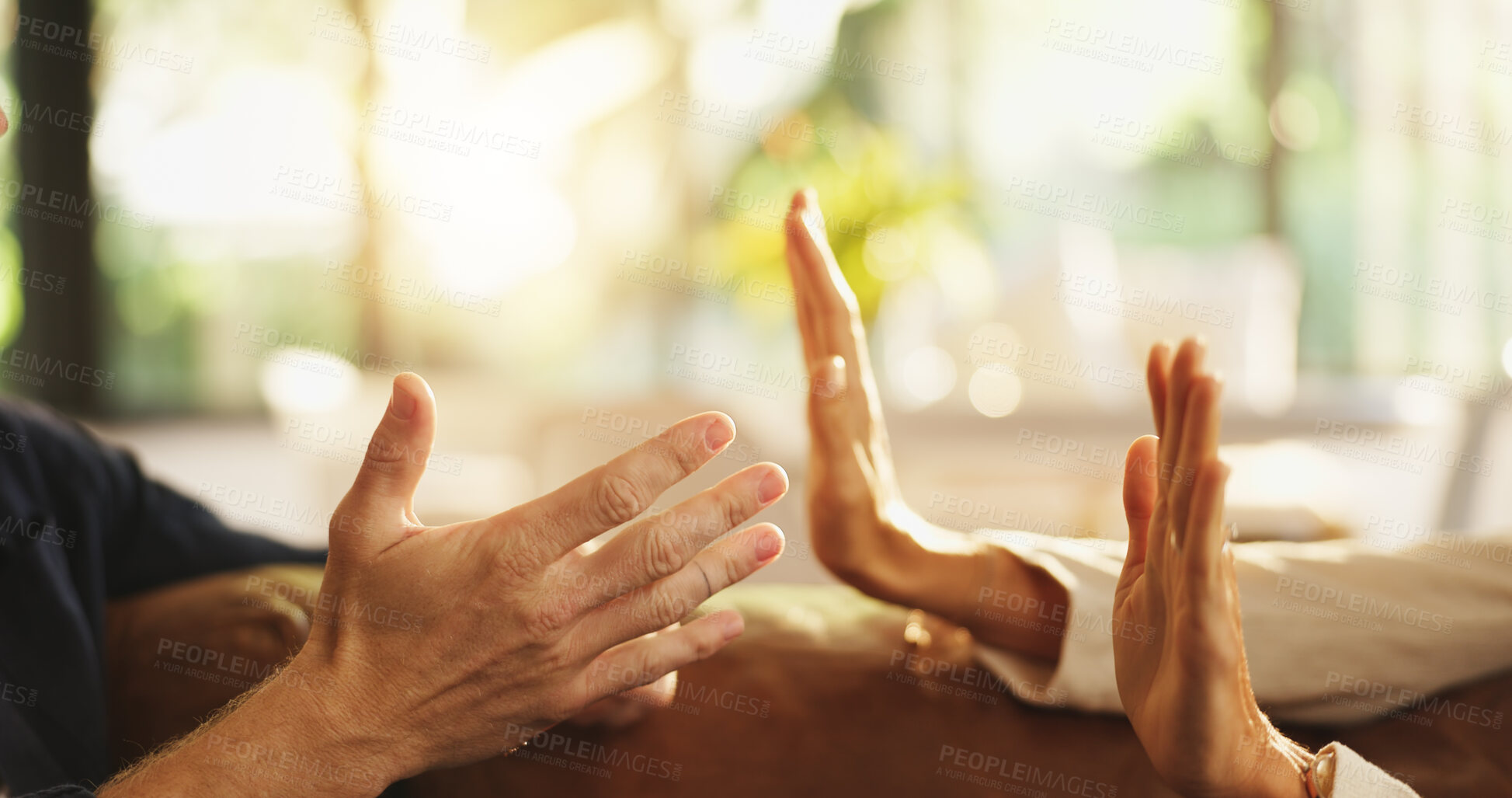 Buy stock photo Argue, sofa and hands of couple with conflict, relationship problem and disagreement in home. Marriage, closeup and upset man and woman in living room for discussion, fighting and divorce in house