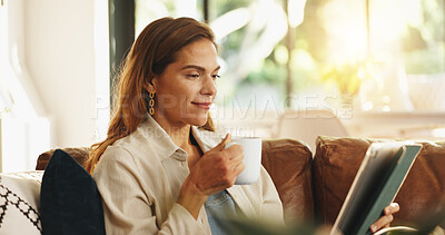 Buy stock photo Tablet, coffee and woman relax in home for streaming movie, show and watch drama online. Technology, happy person and drink while reading ebook on internet, news and check social media on weekend
