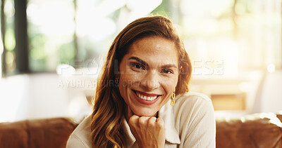 Buy stock photo Portrait, smile and woman relax at house for peace, morning start and satisfaction of weekend. Happy, female person and cozy for free time, break and chilling on couch to unwind for wellness on sofa
