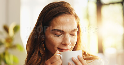 Buy stock photo Woman, smell coffee and happy in home with reflection, memory or profile to start morning in lounge. Person, tea cup and eyes closed with aroma, thinking and relax in living room with drink in house
