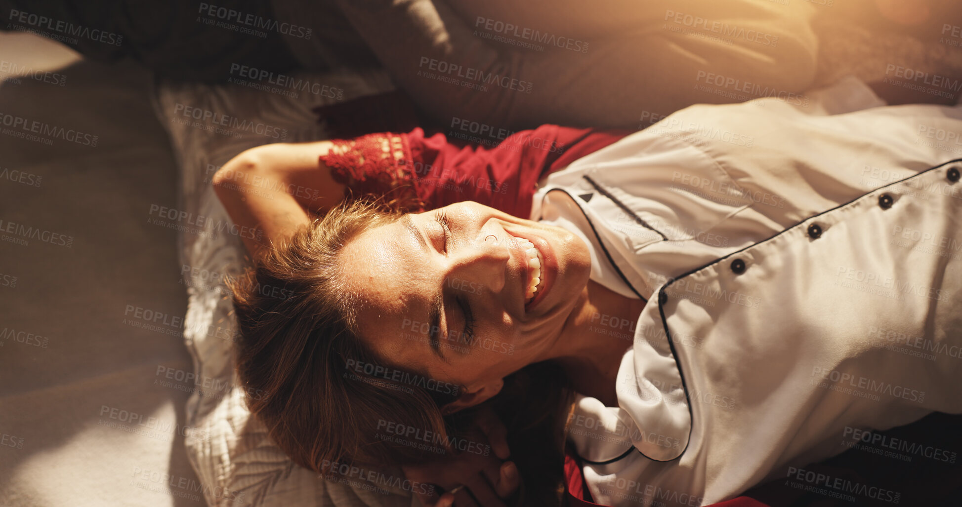 Buy stock photo Above, relax and happy woman in bed with sunrise for comfort, resting and morning peace. Top view, thinking and person lying in bedroom for calm, wellness and dream with smile in home or apartment