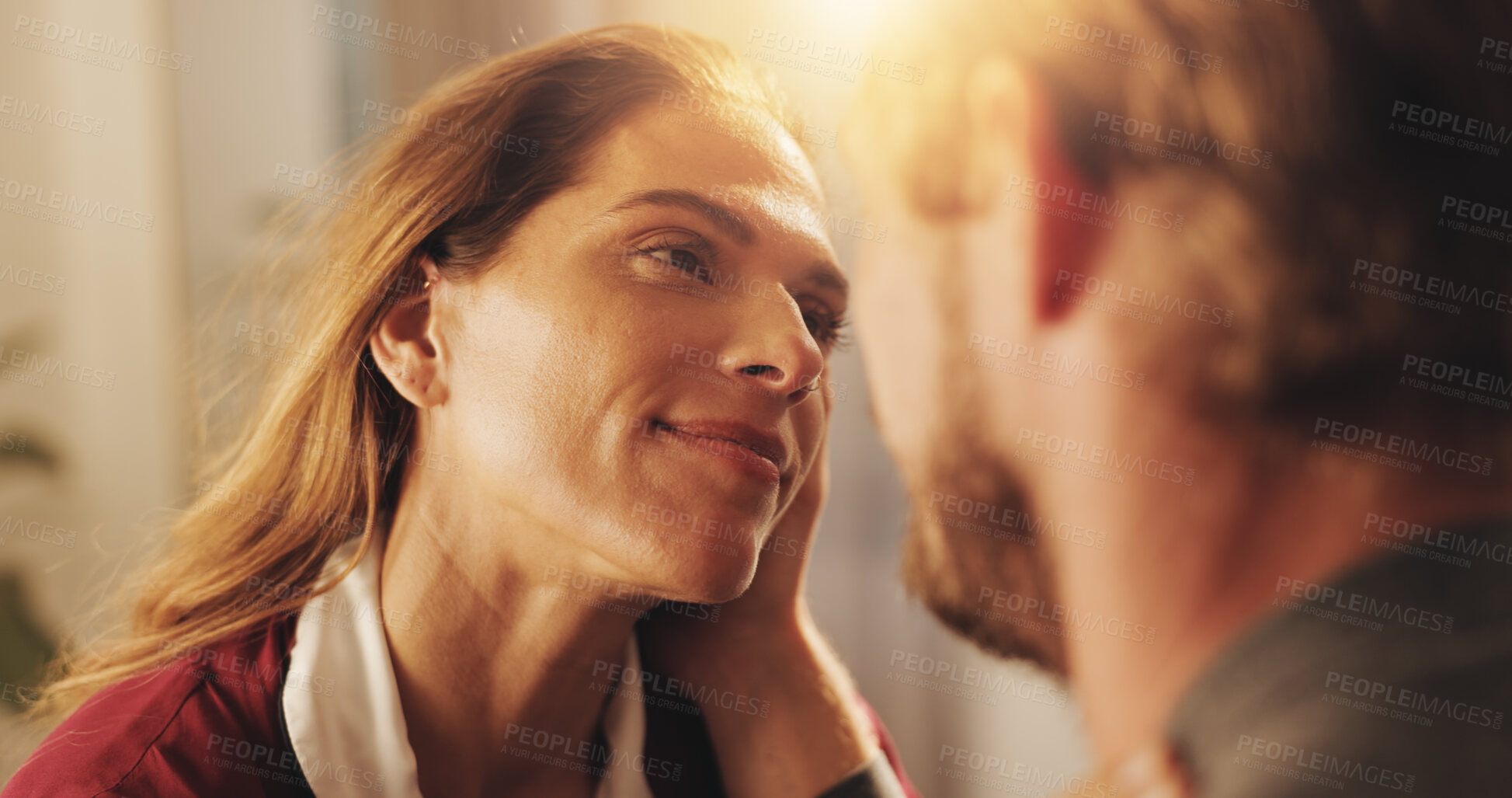 Buy stock photo Home, love and couple with romance, relationship and bonding together in living room. People, apartment and man with woman, affection and trust with kindness, marriage and commitment with support