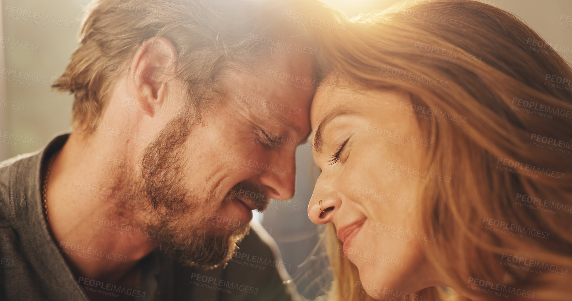 Buy stock photo Home, love and couple with smile, forehead and bonding together in living room. Happy people, marriage and man with woman, support and trust with kindness, commitment and romance with affection
