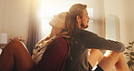 Love, relax and couple with support in home for bonding together, relationship trust and security. Loyalty, people and resting in morning with affection, commitment and safety for connection and care