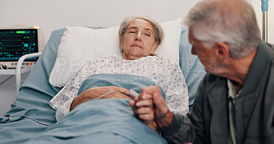 Buy stock photo Support, holding hands and healthcare with old couple in hospital for icu recovery, love and comfort. Medical, empathy and trust with senior man and patient in clinic for treatment, diagnosis or care