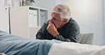 Elderly couple, sick and man with stress by hospital bed, cancer diagnosis or thinking of healthcare. Disease, sad and clinic visitor with patient with terminal illness and worry for medical recovery
