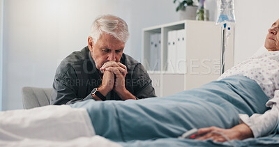 Buy stock photo Healthcare, hospital bed and senior man with hope, couple and prayer for recovery of partner or sad. Clinic, worried and elderly person with concern for cancer, sick and medical treatment for patient