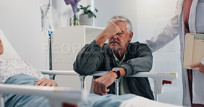 Buy stock photo Hospital, bad news and senior man with wife and doctor for comfort, support or empathy for healthcare. Sad, medical feedback and elderly male person with emotions for cancer diagnosis of woman.