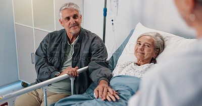 Buy stock photo Consultation, doctor and senior couple in hospital, conversation and cancer treatment. Healthcare, medical emergency or old woman in bed, elderly man and illness with recovery, wellness and support
