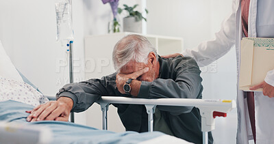 Buy stock photo Sad, senior man and doctor by hospital bed for comfort, empathy and bad news on surgery fail. Elderly person, grief and support of medical worker, condolence and mental breakdown of operation mistake
