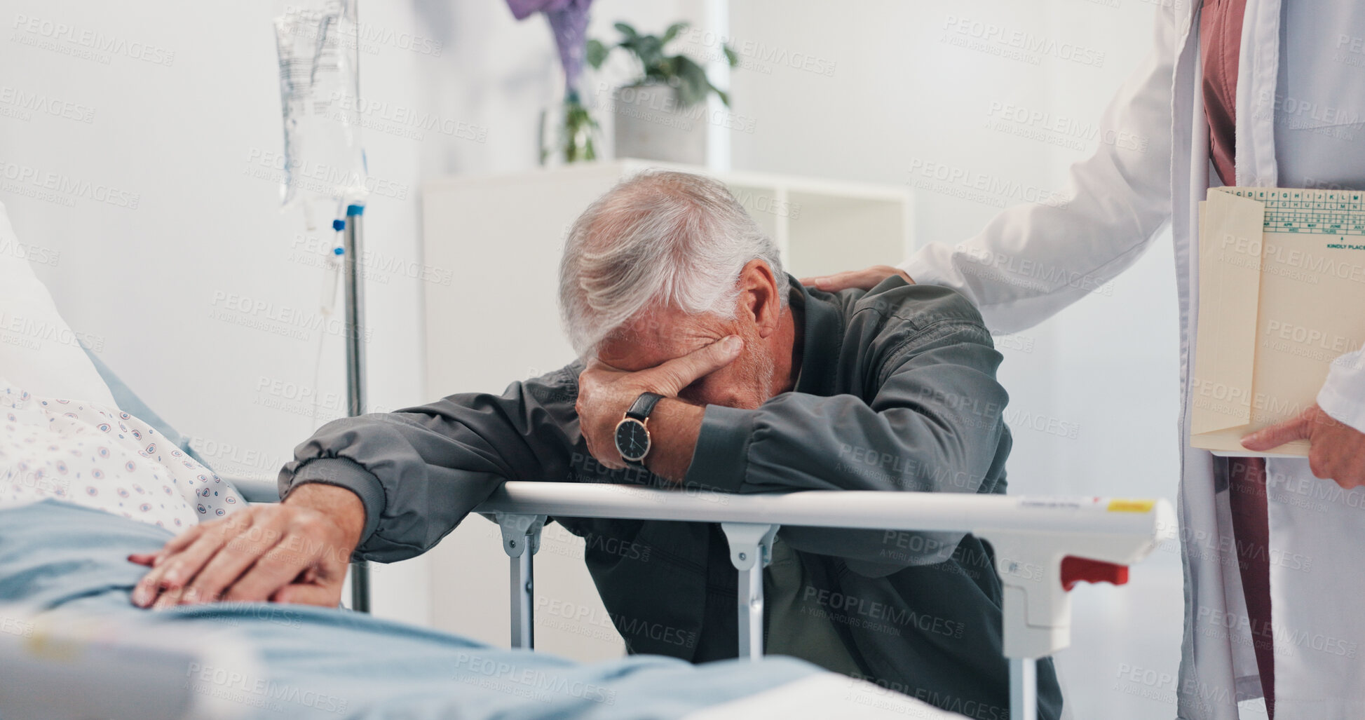 Buy stock photo Sad, senior man and doctor by hospital bed for comfort, empathy and bad news on surgery fail. Elderly person, grief and support of medical worker, condolence and mental breakdown of operation mistake