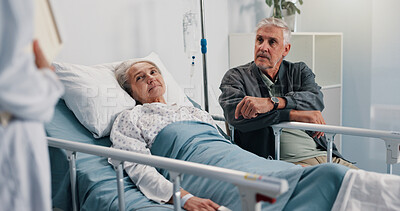 Buy stock photo Healthcare, doctor and senior couple in hospital, conversation and advice for cancer treatment. Pensioner, medical emergency or old woman in bed, elderly man and consultation with illness or recovery