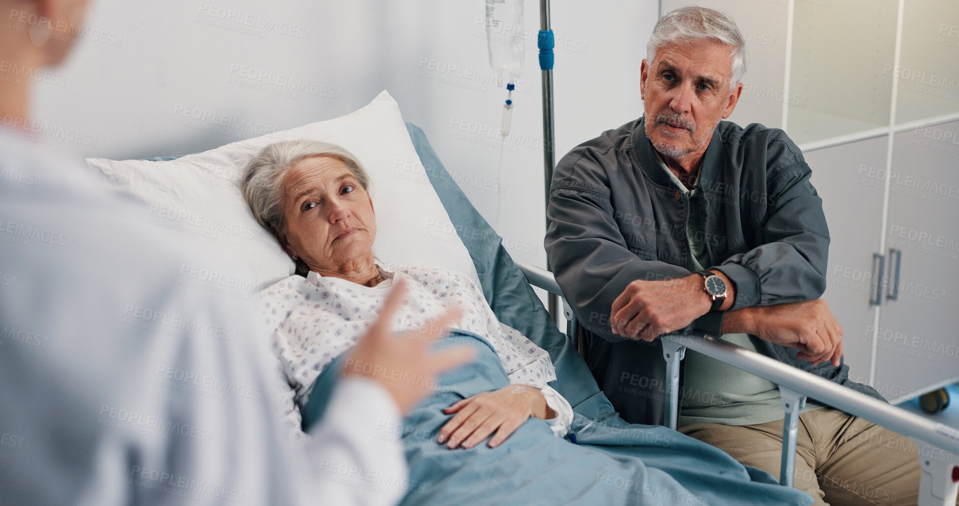 Buy stock photo Healthcare, doctor and old couple in hospital, conversation and advice for cancer treatment. Diagnosis, medical emergency and senior woman with elderly man, recovery and consultation with illness