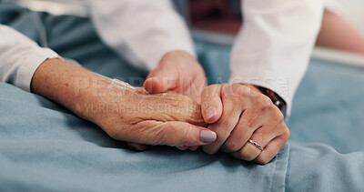 Buy stock photo Holding hands, healthcare and couple in hospital, support and compassion with empathy. Closeup, sick and man with woman, sympathy and wellness with diagnosis, relationship and kindness in clinic