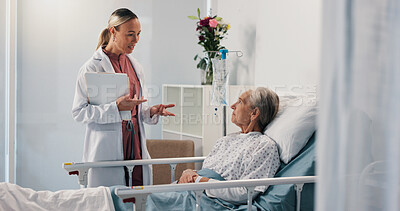 Buy stock photo Doctor, conversation and senior woman in hospital bed for healthcare, diagnosis or test results. Consulting, medical records or update with medicine professional and elderly patient in clinic