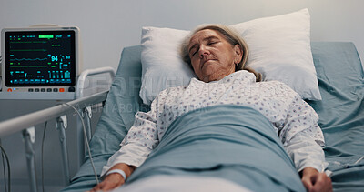 Buy stock photo Healthcare, recovery and sleeping with old woman in hospital bed for rest from operation or surgery. Insurance, medical and tired with senior patient in clinic for rehabilitation from accident