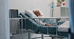 Hospital, sleeping and senior woman in bed for IV drip, healing or surgery recovery with illness. Healthcare, relax and sick elderly female patient with liquid medication in emergency room at clinic.